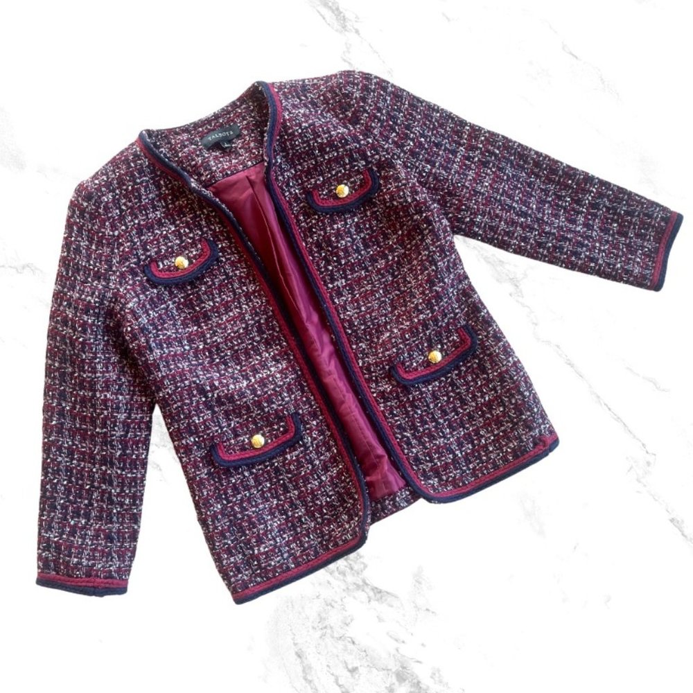 Talbots Gold Button Tweed Jacket, Red Black, Size 2